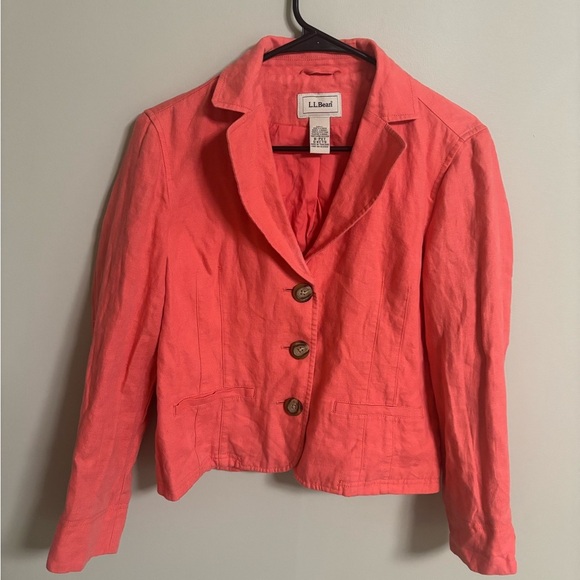 LL Bean Womens Size 8 Petite Coral Pink 100% Linen Blazer Jacket 3-Button Light - Picture 1 of 5